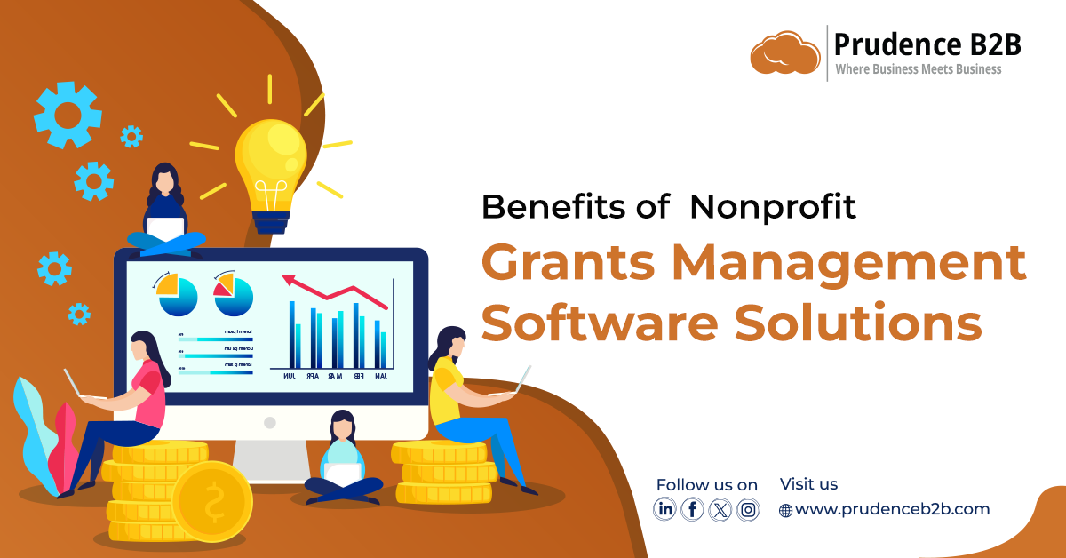 Illustration of nonprofit grants management software solutions with charts and collaboration