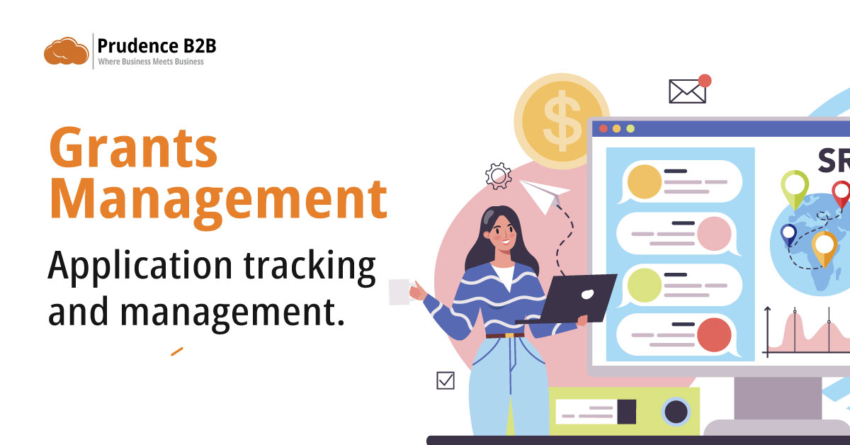 Illustration of a woman using a grant management system with charts, data, and financial icons.